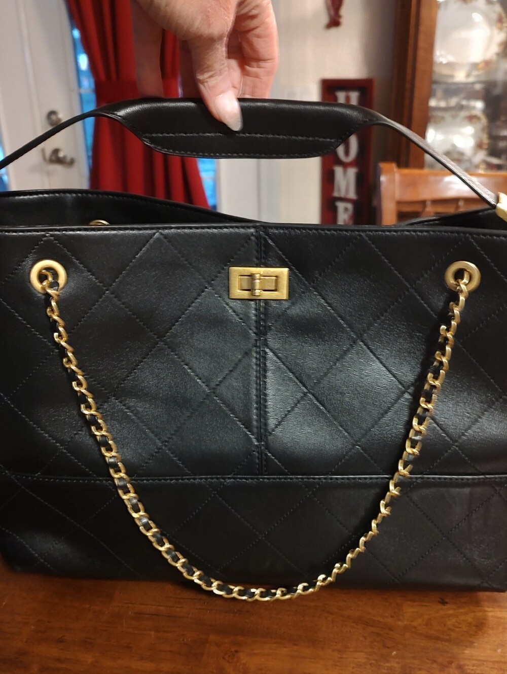 Black Quilted Chain-Handle Tote Bag with Gold Hardware
